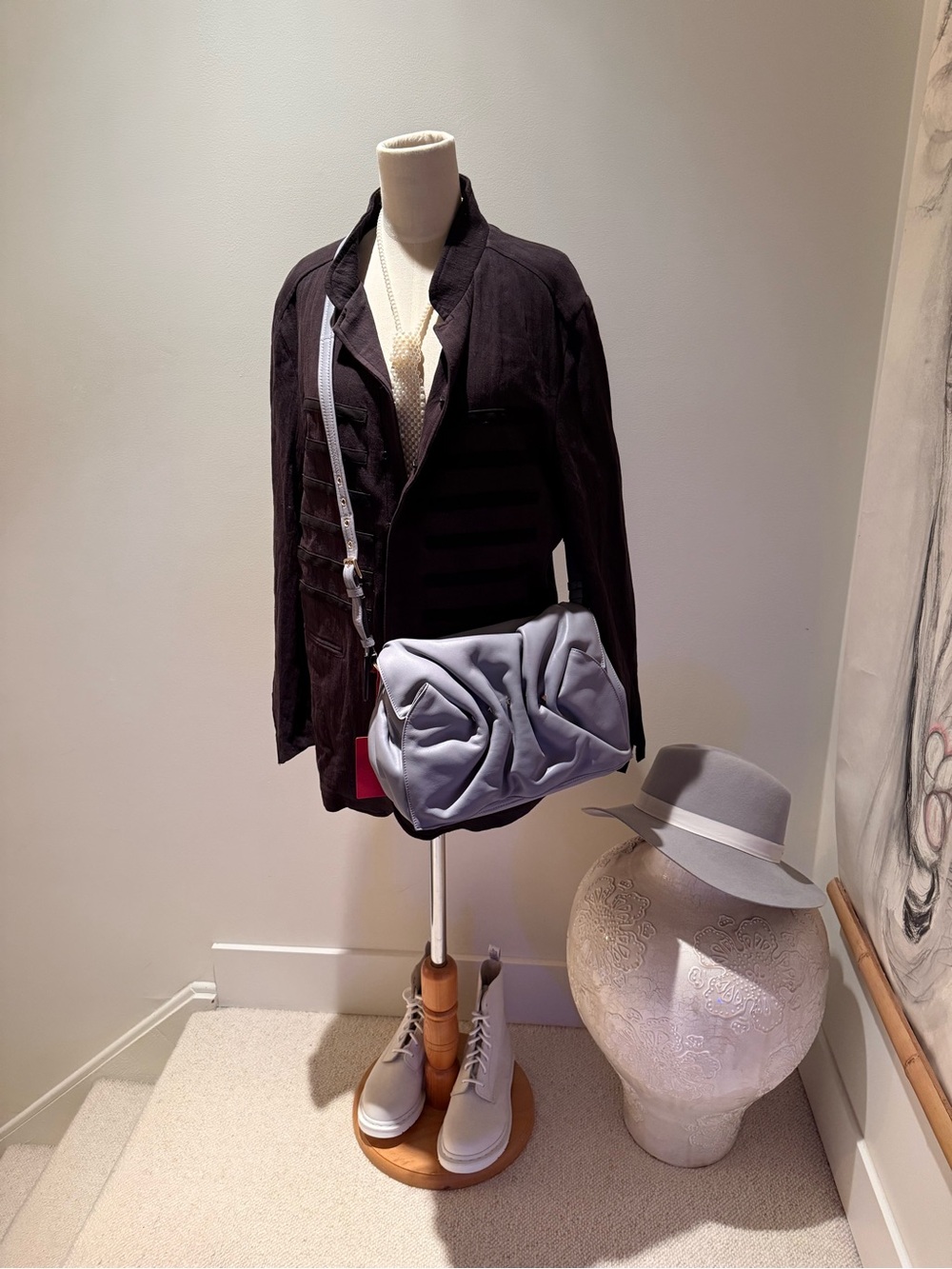 Valentino Garavani Light Gray Ruched Leather Crossbody Bag